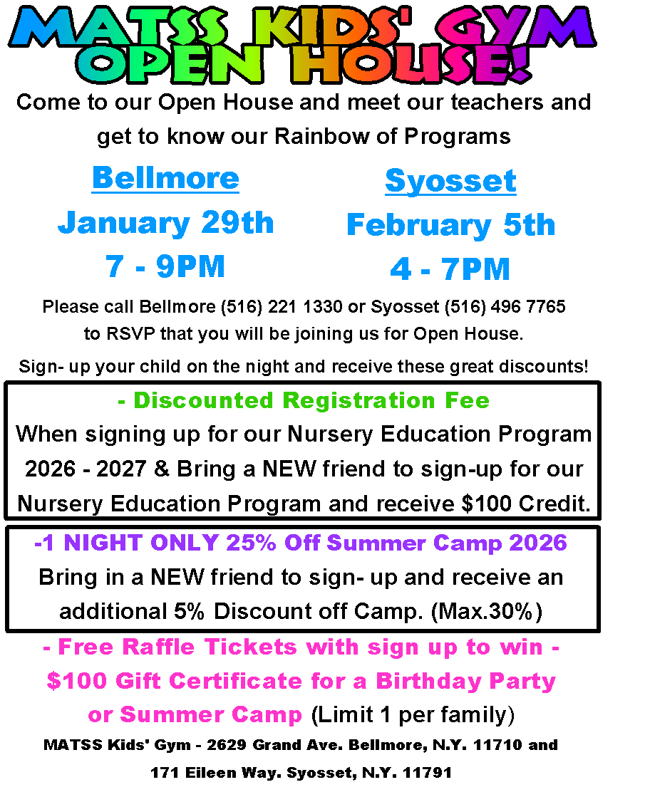 MATSS Kids' Gym Open House - Bellmore January 29th 7-9PM, Syosset February 5th 4-7PM
